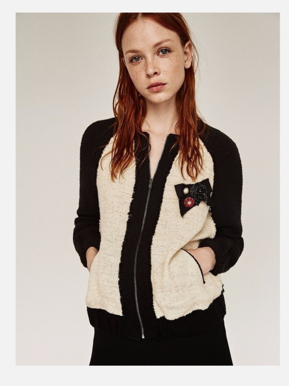 Zara Embroidered Tweed Bomber jacket Floral hummingbird
